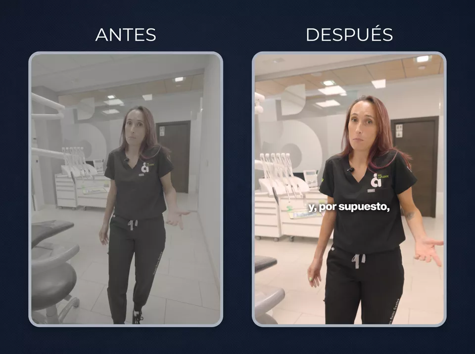 Antes y después del color grading: a la izquierda el material original, gris y plano; a la derecha la versión corregida, con piel y ambiente cálidos.