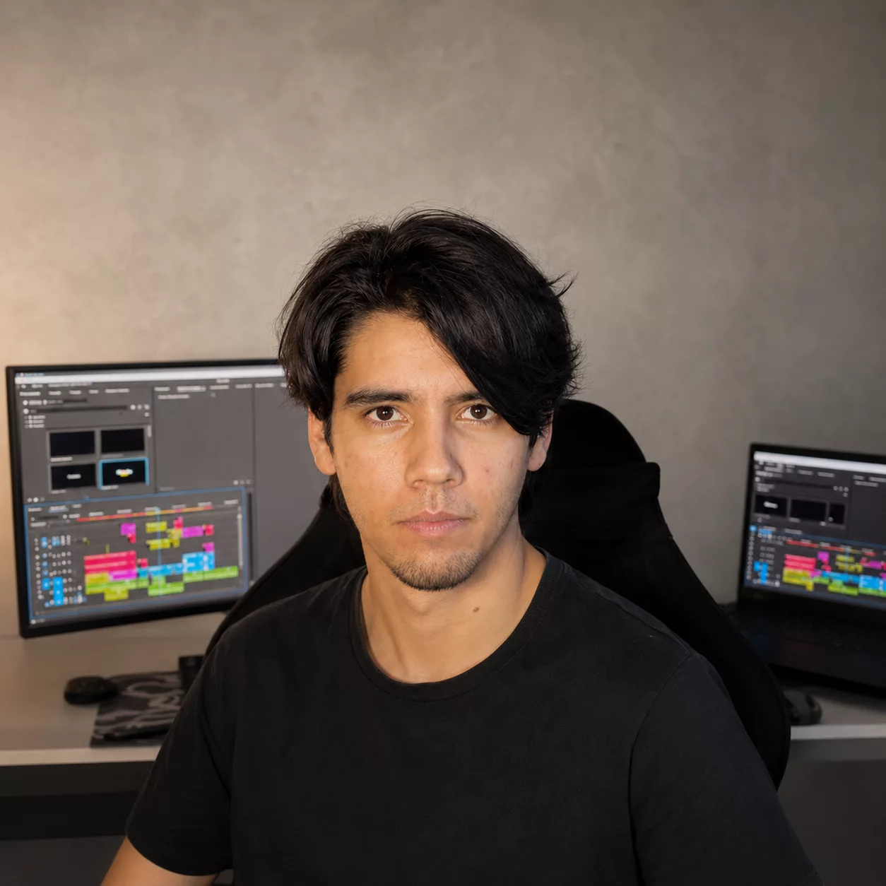 Danilo Hurwitz en su escritorio, con dos monitores con Premiere Pro de fondo